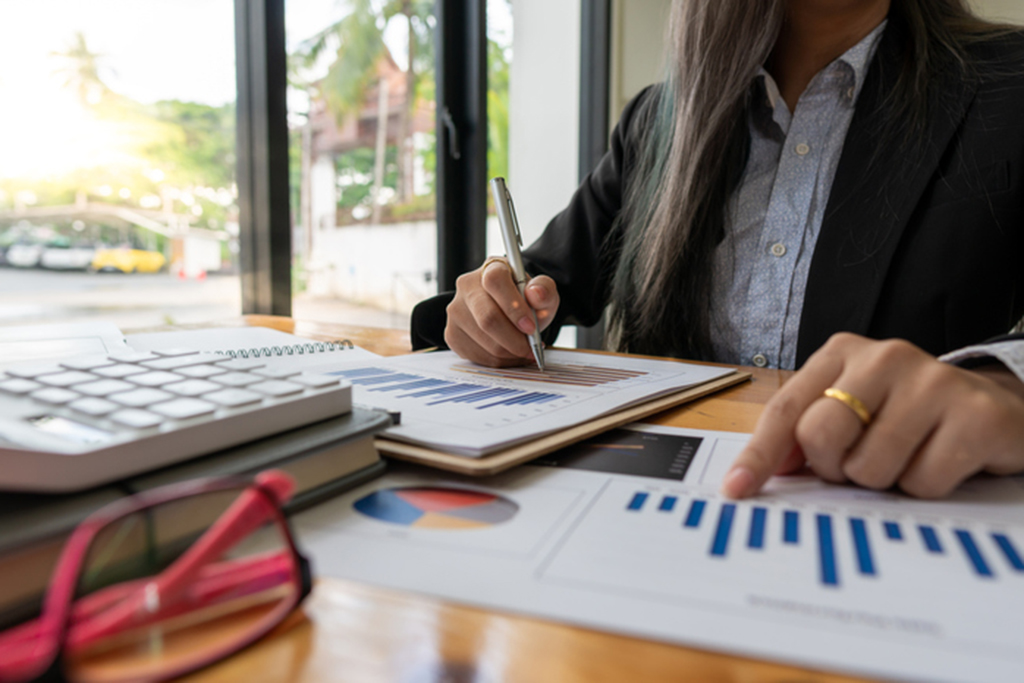 Bookkeeper or financial inspector making financial report. Home finances, investment, economy, saving money or insurance concept